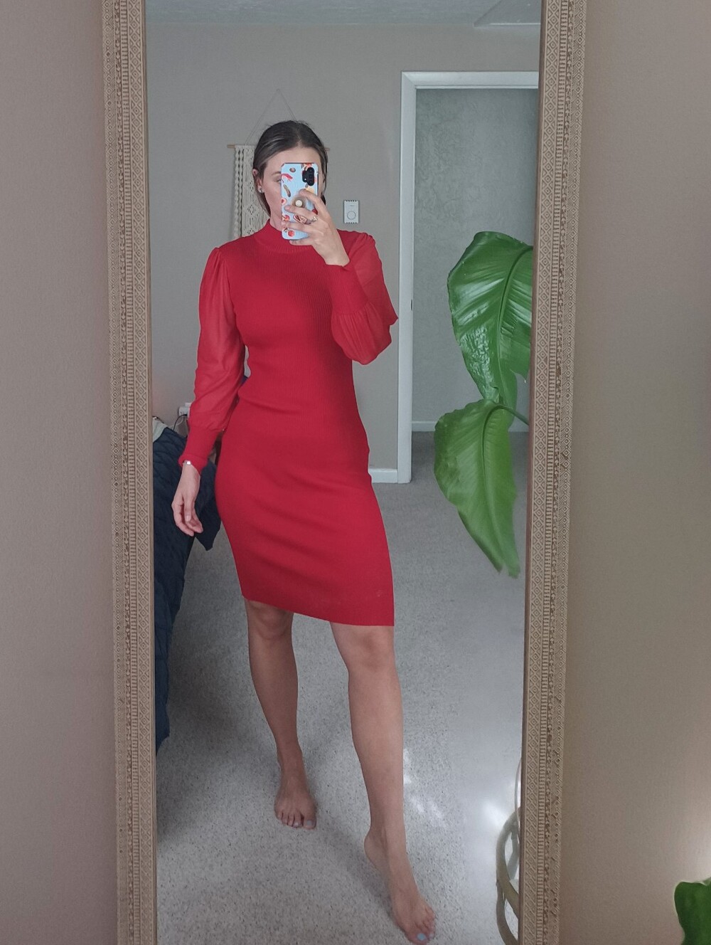 Red Ribbed Long-Sleeve Midi Dress